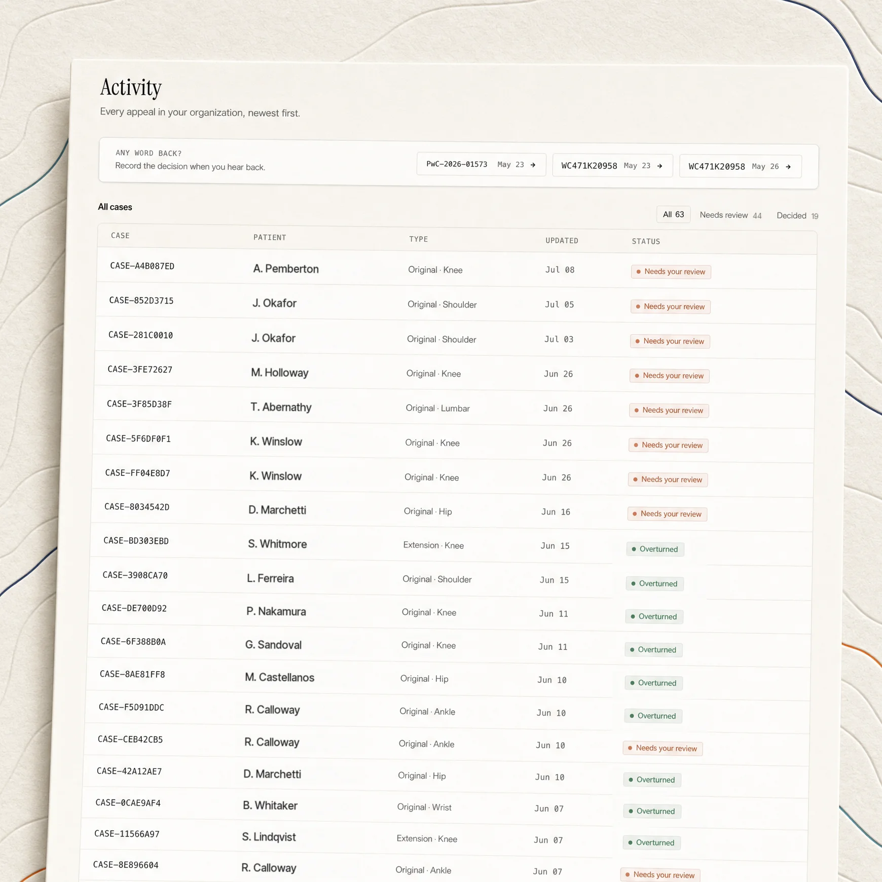 The real Strata Activity tab: every appeal in the organization, newest first, including cases awaiting review, cases awaiting a decision, and cases overturned.