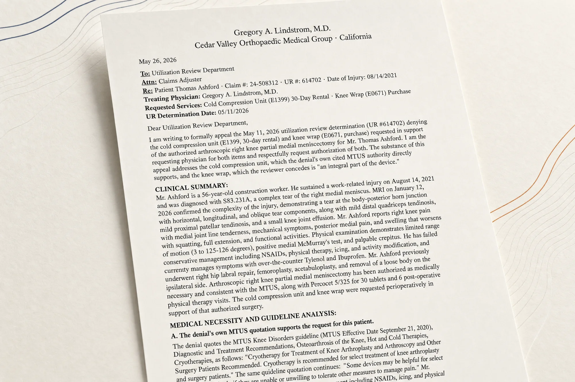 A drafted appeal letter, MTUS citations inline.