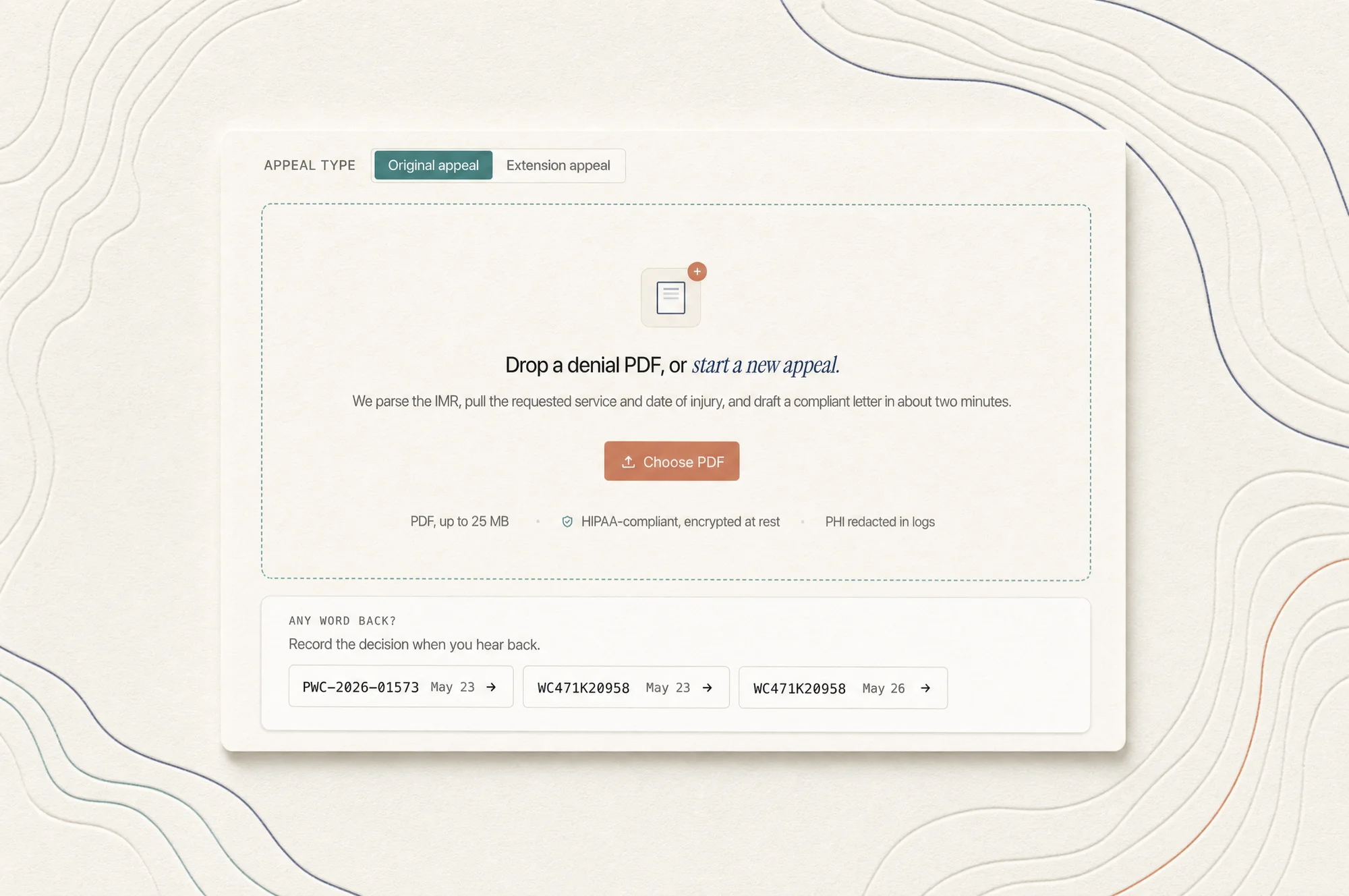 The real Strata upload screen: a drop zone for the denial PDF.